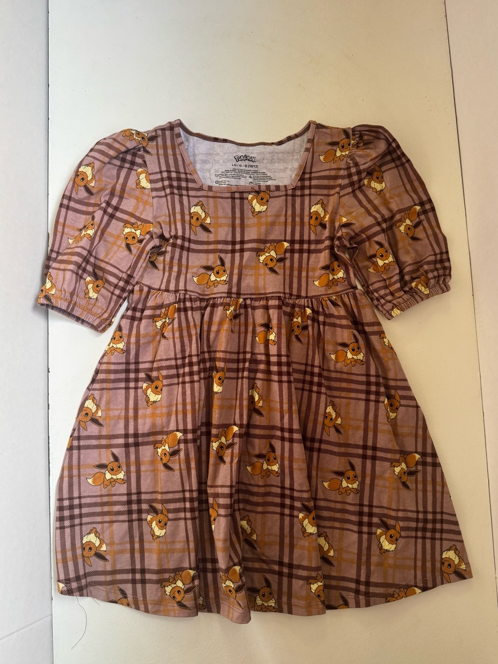 Pokemon Eevee Plaid Dress Girls Size 10-12 Brown Orange Square Neck‎